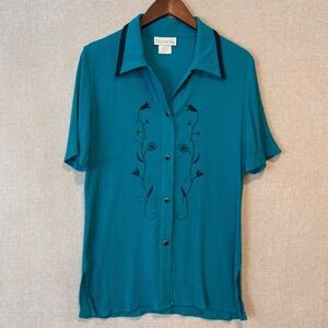 Turquoise Teal Crinkle Embroidered Short Sleeve Blouse Size 8 Vintage
